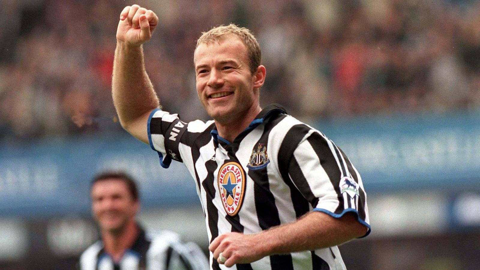 Alan Shearer celebrates scoring his second penalty and fifth goal for Newcastle United against Sheffield Wednesday in the Premiership football match held at St James Park, Newcastle.