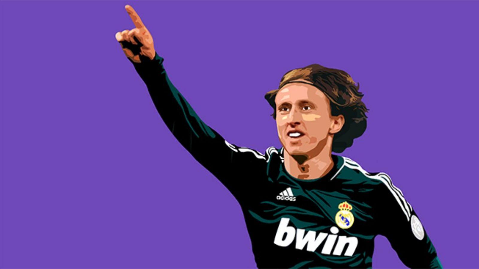 Artist's illustration of Real Madrid's Luka Modric celebrating his Champions League goal goal against Manchester United in 2013.