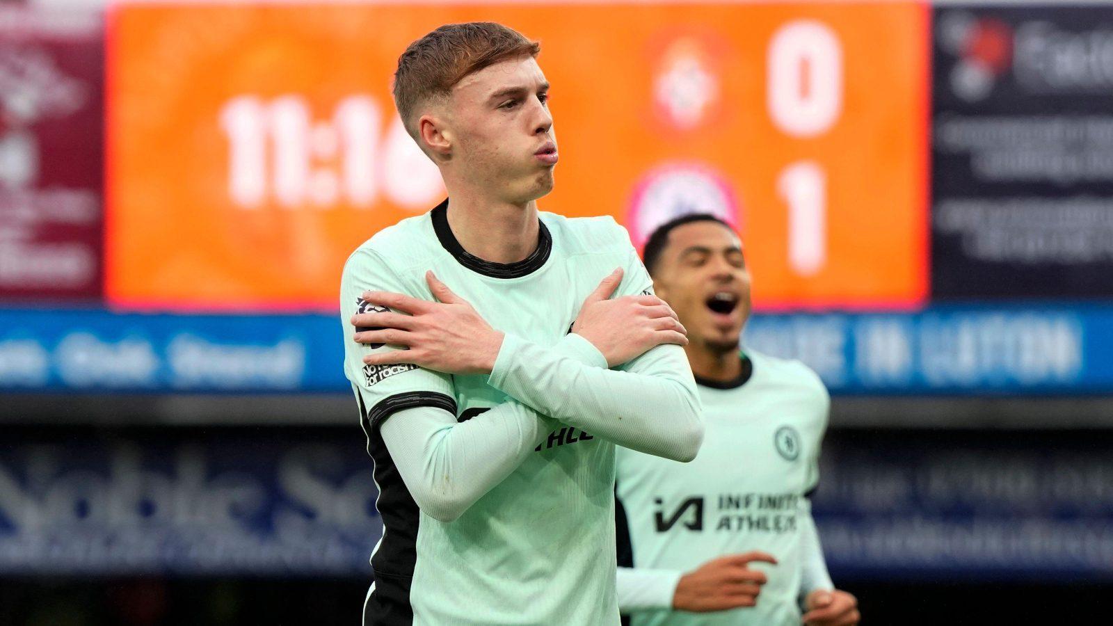 Chelsea's Cole Palmer celebrates after scoring his sides first goal during the English Premier League soccer match between Luton Town and Chelsea, at Kenilworth Road, in Luton, England, Saturday, Dec. 30, 2023.