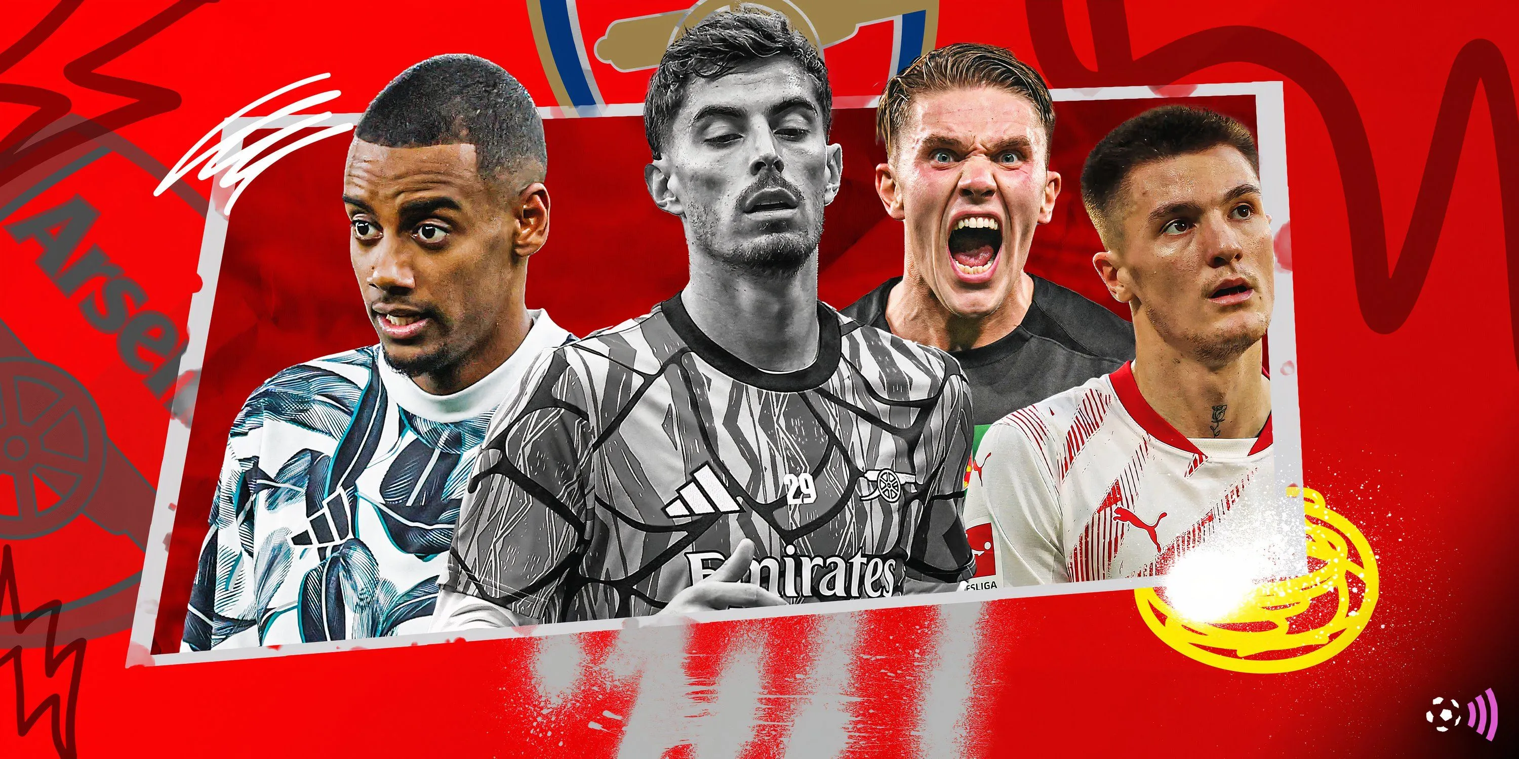 Minh họa các mục tiêu tấn công tiềm năng cho Arsenal như Sesko, Isak, Gyokeres và Havertz