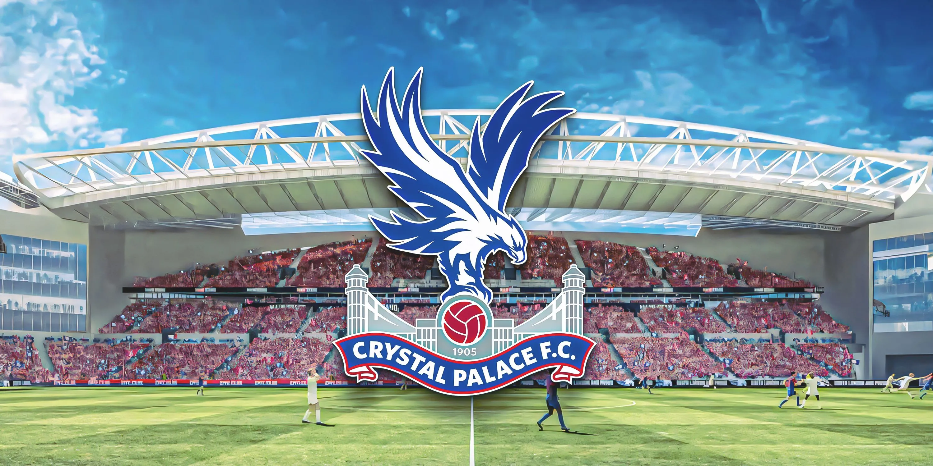 Toàn cảnh khán đài mới sân Selhurst Park của Crystal Palace với huy hiệu câu lạc bộ