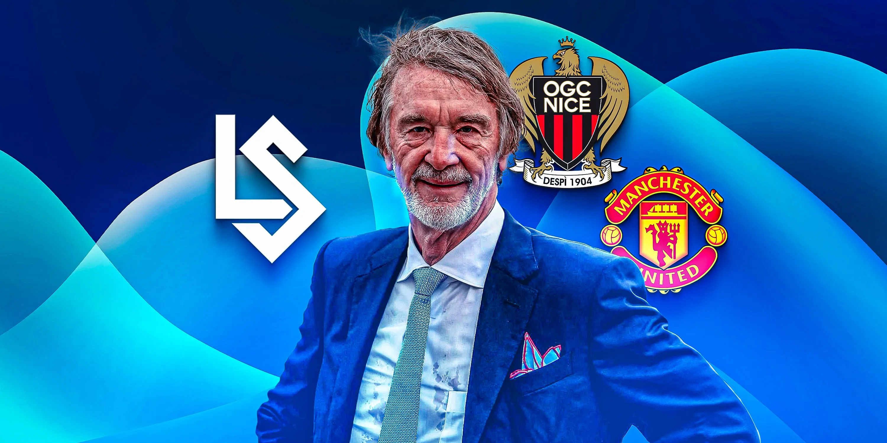 Hình ảnh Sir Jim Ratcliffe trước logo 3 đội bóng ông sở hữu