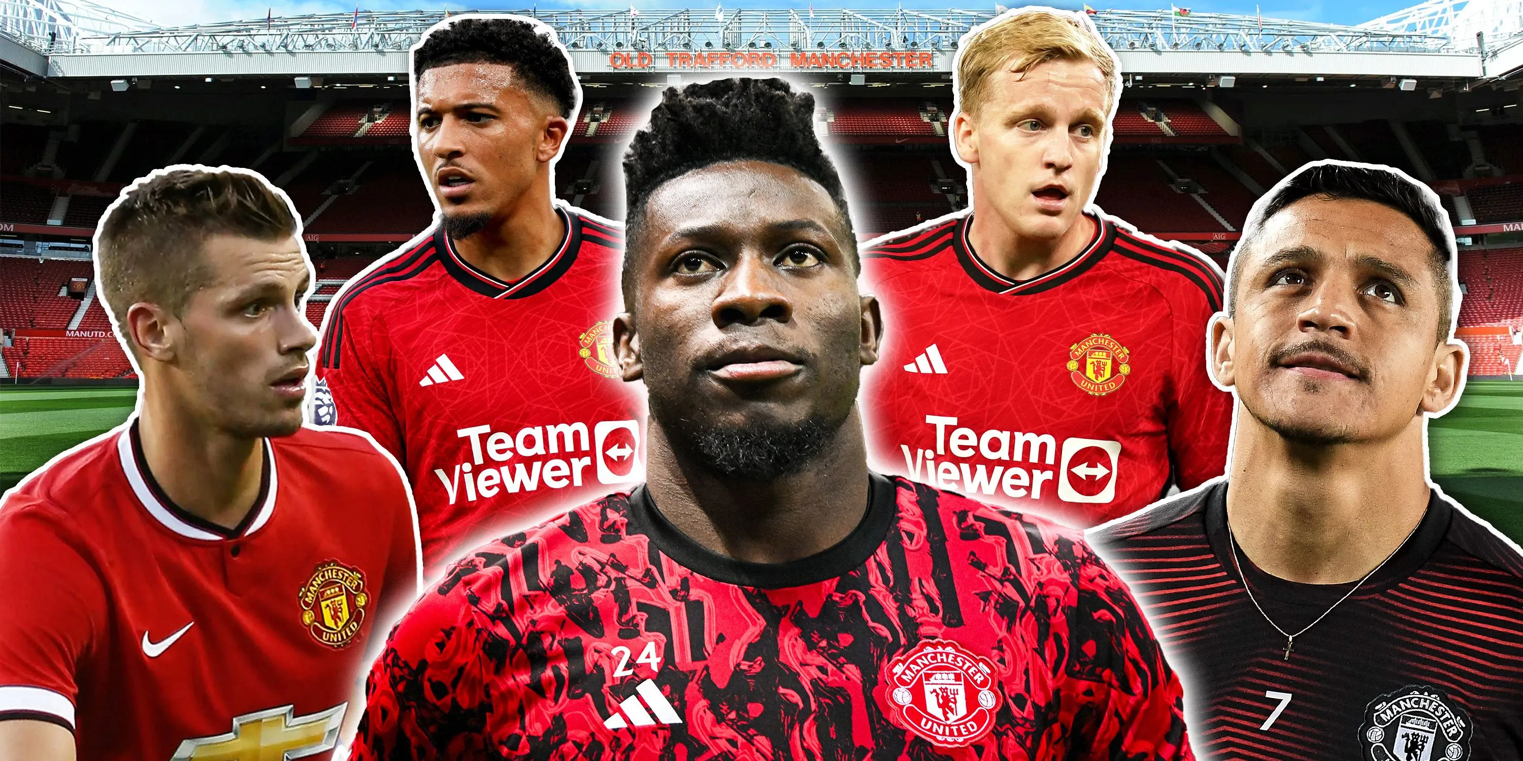 Logo Premier League và biểu tượng Manchester United trên nền xanh lá cây