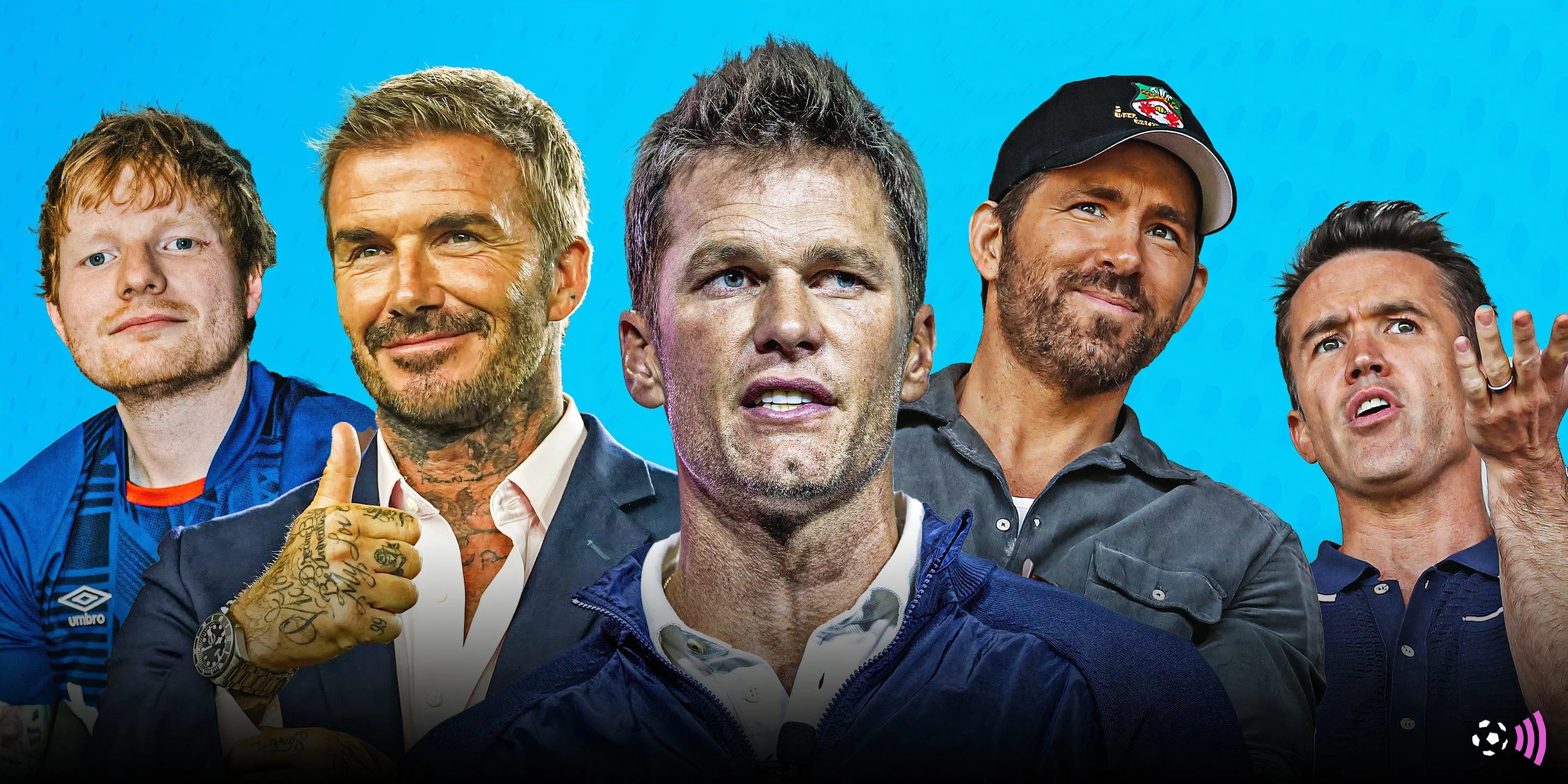 Các nhân vật nổi tiếng như Ryan Reynolds (Wrexham), Tom Brady (Birmingham City), Ed Sheeran (Ipswich Town), David Beckham (Inter Miami) minh họa xu hướng người nổi tiếng đầu tư vào các câu lạc bộ bóng đá.