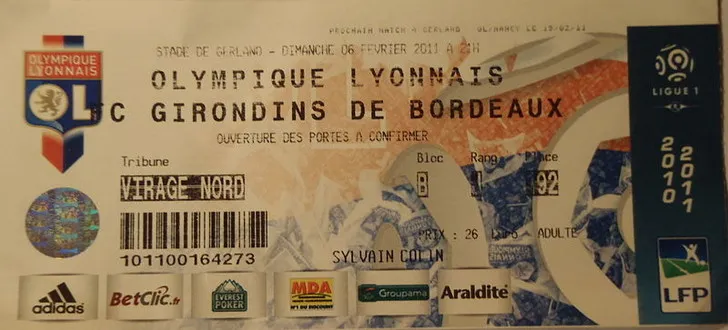 Mẫu vé xem trận đấu của Girondins de Bordeaux