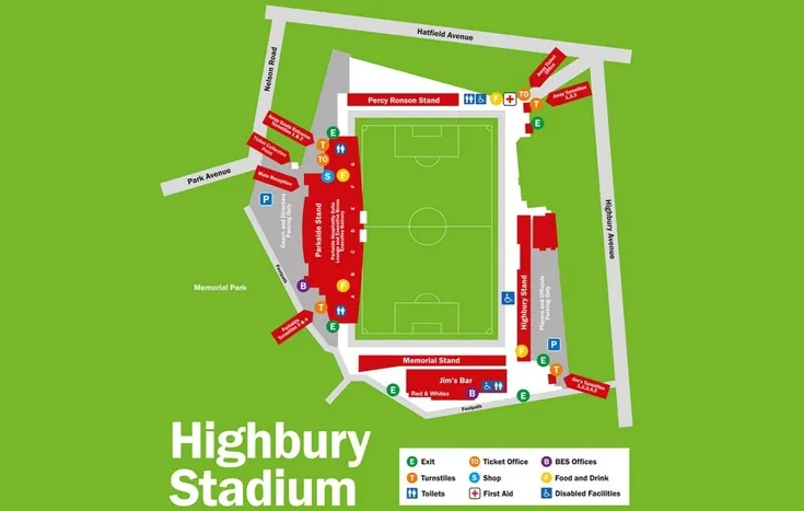 Sơ đồ bố trí các khán đài và khu vực chỗ ngồi tại sân vận động Highbury, giúp CĐV dễ dàng định hướng