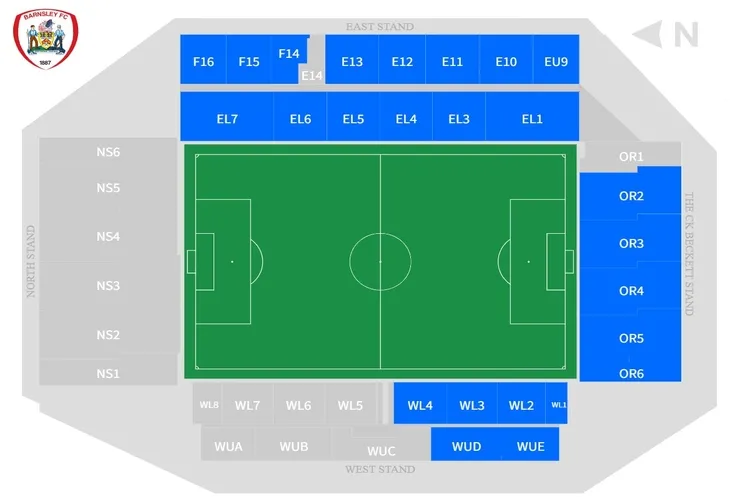 Sơ đồ bố trí các khán đài và khu vực tại sân vận động Oakwell