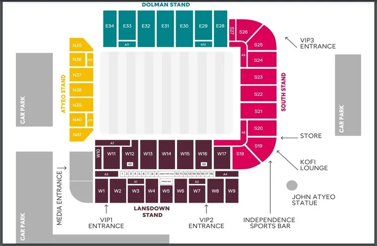 Sơ đồ bố trí chỗ ngồi chi tiết tại sân vận động Ashton Gate, giúp khán giả dễ dàng tìm vị trí của mình