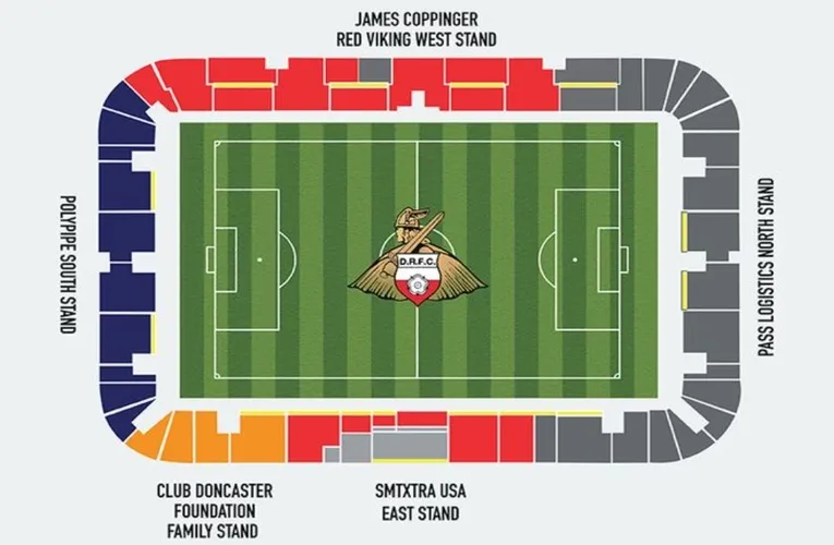Sơ đồ bố trí chỗ ngồi của sân Eco-Power Stadium, minh họa các khu vực khán đài chính