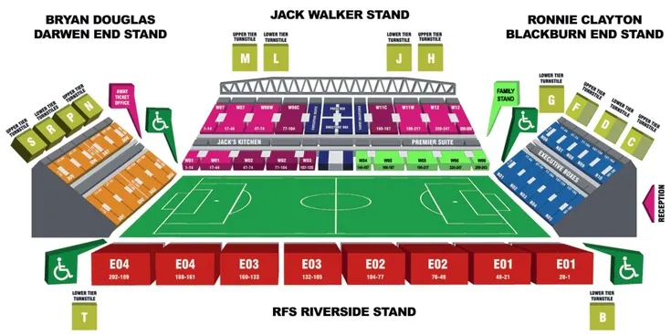 Sơ đồ bố trí chỗ ngồi tại Ewood Park, sân nhà của Blackburn Rovers