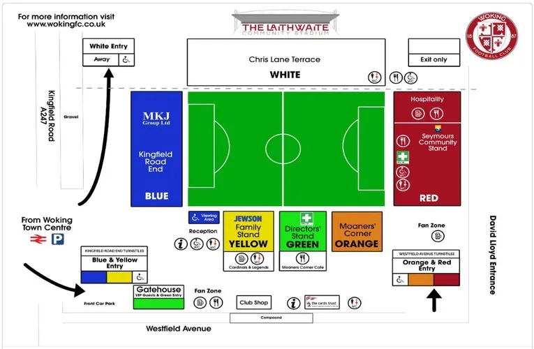 Sơ đồ bố trí chỗ ngồi tại sân vận động Kingfield của Woking FC