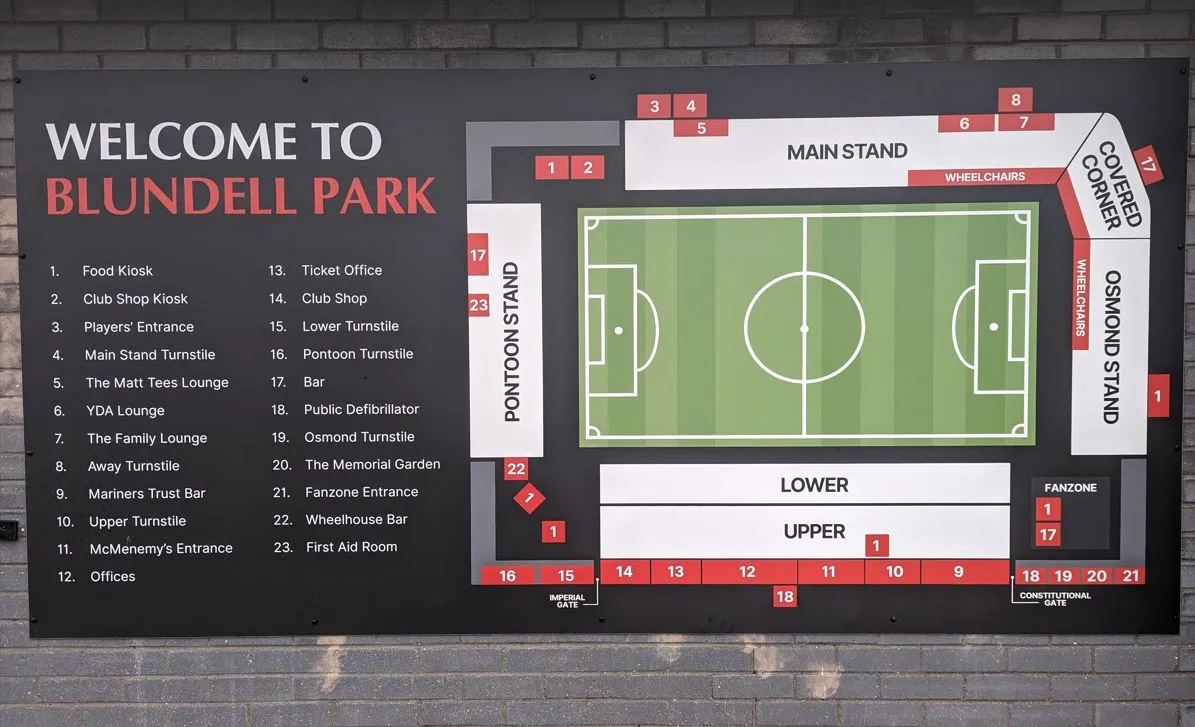 Sơ đồ bố trí chỗ ngồi và các khán đài chi tiết tại sân vận động Blundell Park.