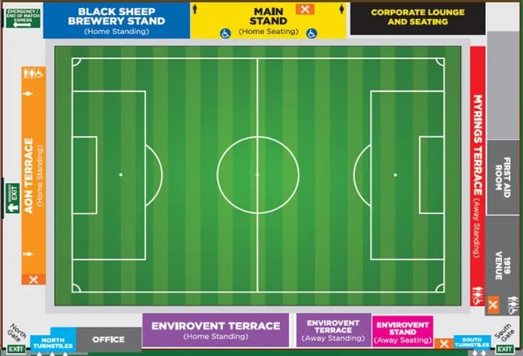 Sơ đồ bố trí chỗ ngồi và các khu vực chính tại sân vận động Envirovent Stadium của Harrogate Town