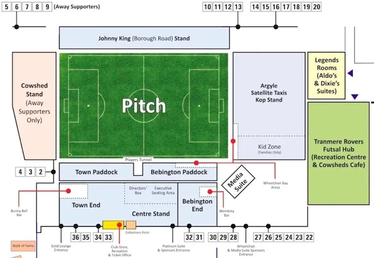 Sơ đồ chi tiết các khán đài và khu vực bên trong sân vận động Prenton Park