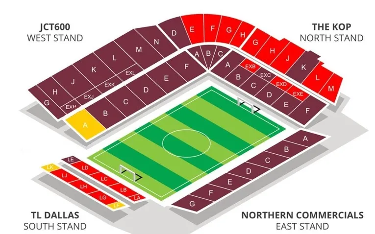 Sơ đồ chi tiết các khán đài và khu vực chỗ ngồi của sân vận động Valley Parade