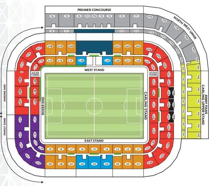 Sơ đồ chi tiết các khu vực chỗ ngồi tại Sân vận động Ánh sáng của Sunderland AFC
