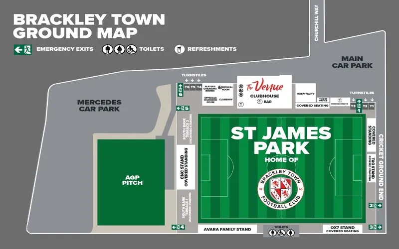 Sơ đồ chi tiết sân vận động St James Park Brackley, thể hiện các khu vực khán đài chính và vị trí chỗ ngồi
