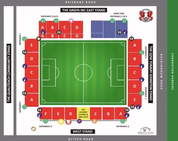 Sơ đồ chỗ ngồi chi tiết của sân Brisbane Road