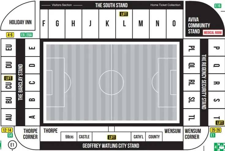 Sơ đồ chỗ ngồi chi tiết của sân vận động Carrow Road, hướng dẫn vị trí các khán đài và khu vực khác.