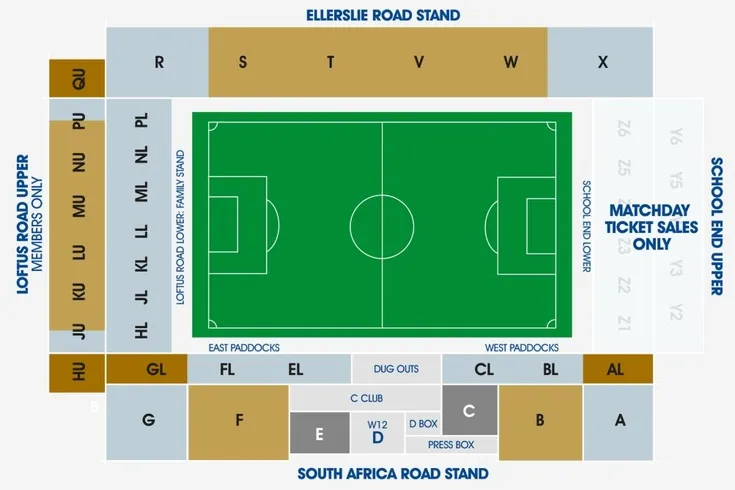 Sơ đồ chỗ ngồi chi tiết của sân vận động Loftus Road, giúp CĐV QPR dễ dàng định vị