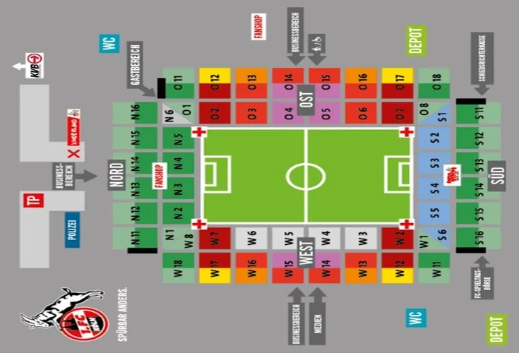 Sơ đồ chỗ ngồi chi tiết của sân vận động RheinEnergieStadion