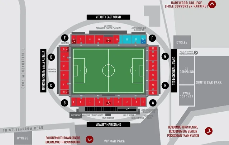 Sơ đồ chỗ ngồi chi tiết của Vitality Stadium, giúp khán giả dễ dàng tìm vị trí xem trận đấu của AFC Bournemouth