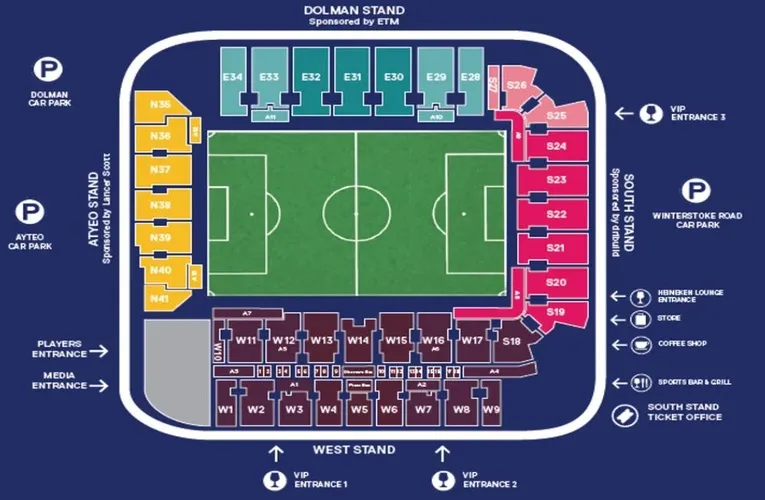 Sơ đồ chỗ ngồi chi tiết sân Plainmoor của Torquay United, hướng dẫn vị trí khán đài cho người hâm mộ