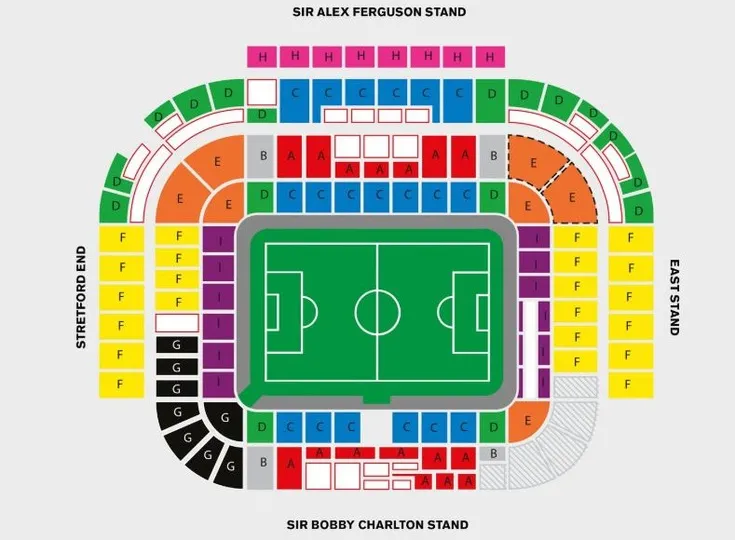 Sơ đồ chỗ ngồi chi tiết tại sân vận động Old Trafford, giúp định hướng cho khán giả