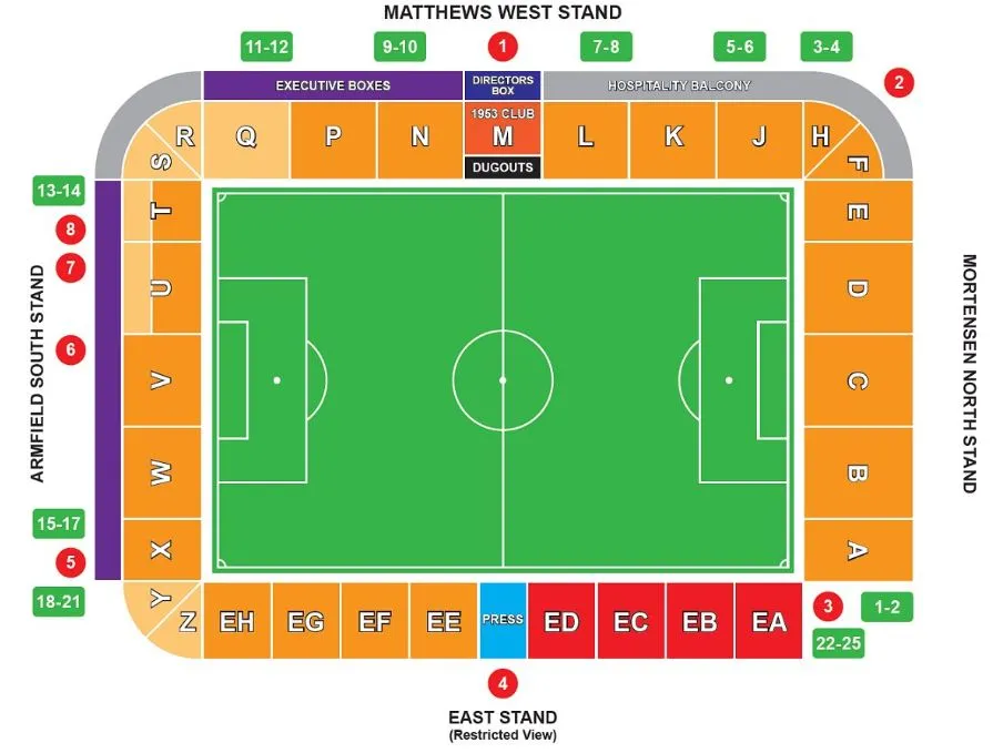Sơ đồ chỗ ngồi sân vận động Bloomfield Road, hướng dẫn vị trí các khán đài và khu vực
