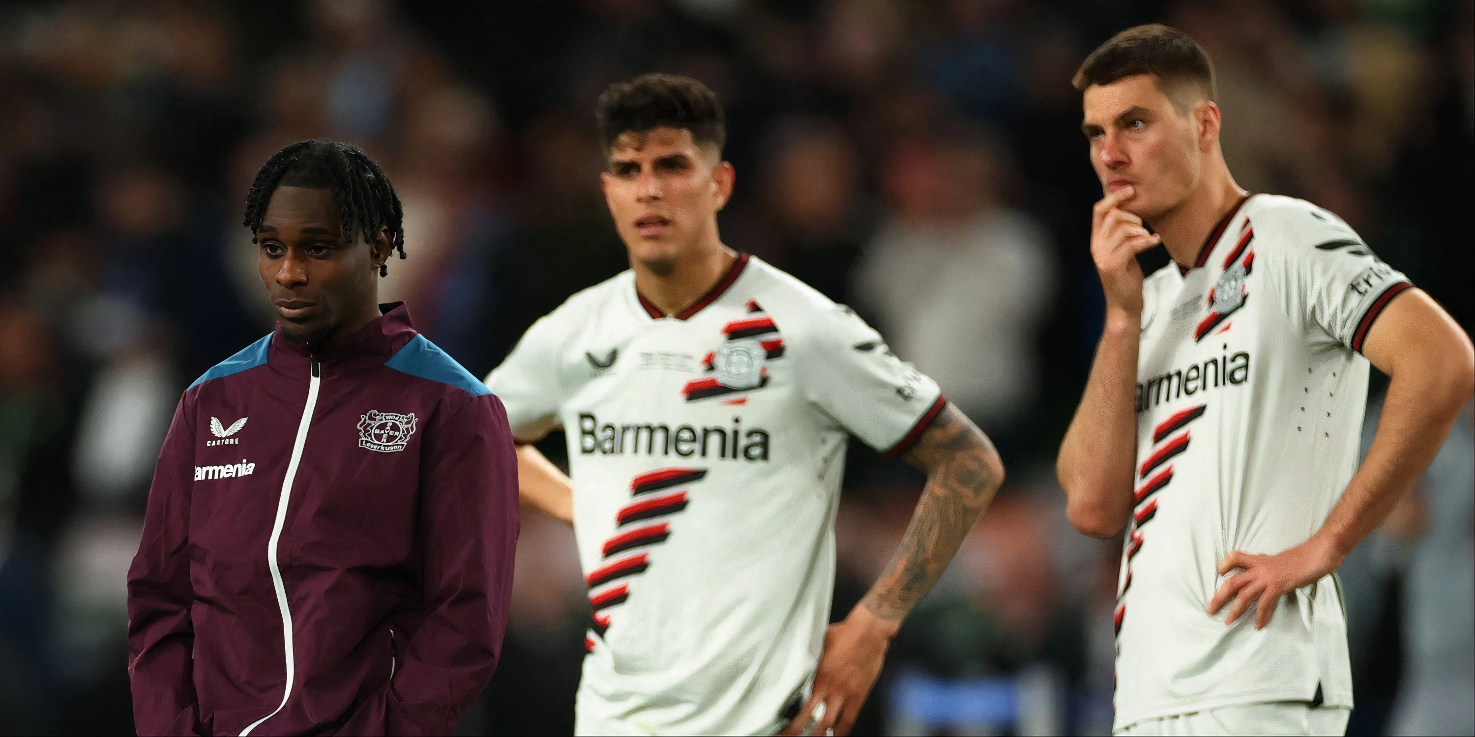 Hai cầu thủ của Bayer Leverkusen, Jeremie Frimpong và Piero Hincapié, đang ăn mừng cùng nhau sau một trận đấu