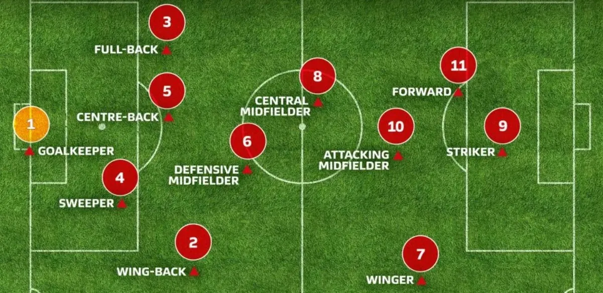 Sơ đồ các vị trí cơ bản trên sân bóng đá với hàng phòng ngự, trung tuyến và hàng công rõ ràng